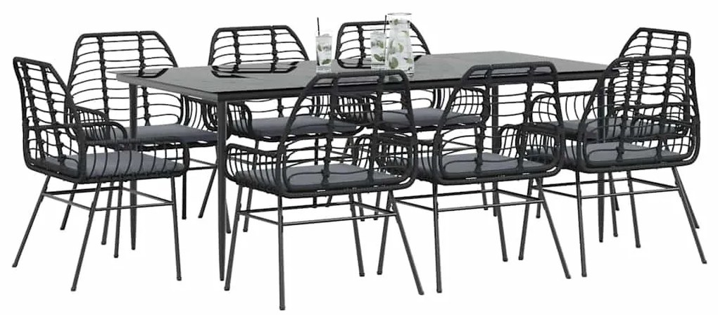 9 részes fekete polyrattan üveg kerti étkezőgarnitúra párnákkal