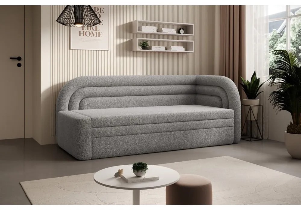 Szürke buklé kinyitható-tárolóhelyes kanapé jobb oldali 223 cm Fabillo – ELTAP