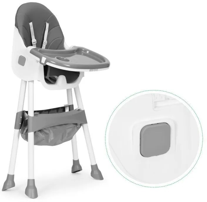 Gyerek etetőszék tálcával és kosárral 5 pontos biztonsági övvel szürke