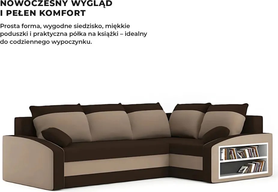 Grande sarokkanapé polcokkal , polc a jobb karfaban, jobboldali, szövet anyag, hab töltet, barna