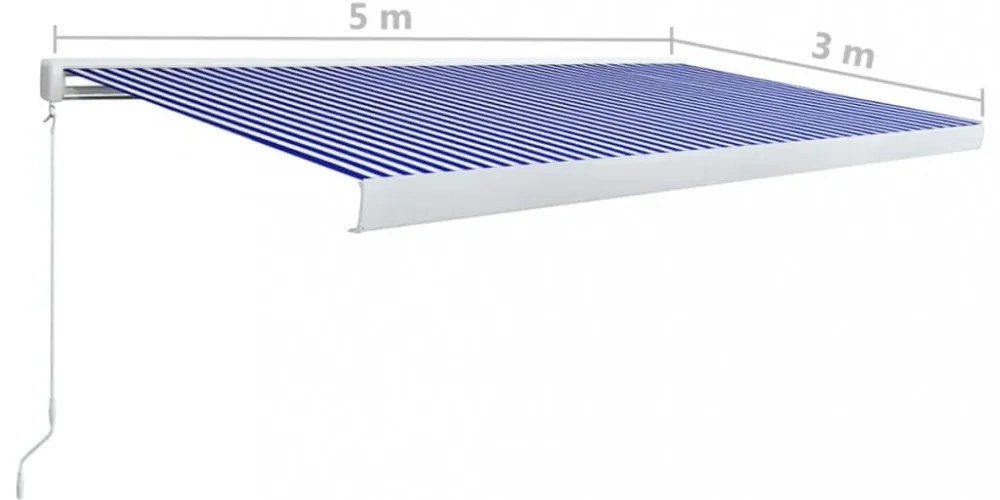 kék és fehér manuális, kazettás napellenző 500 x 300 cm