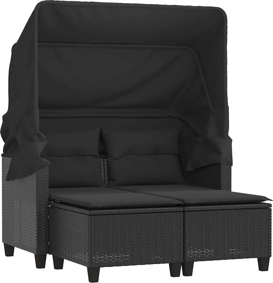 vidaXL 2 személyes fekete polyrattan kerti kanapé baldachinnal/székkel