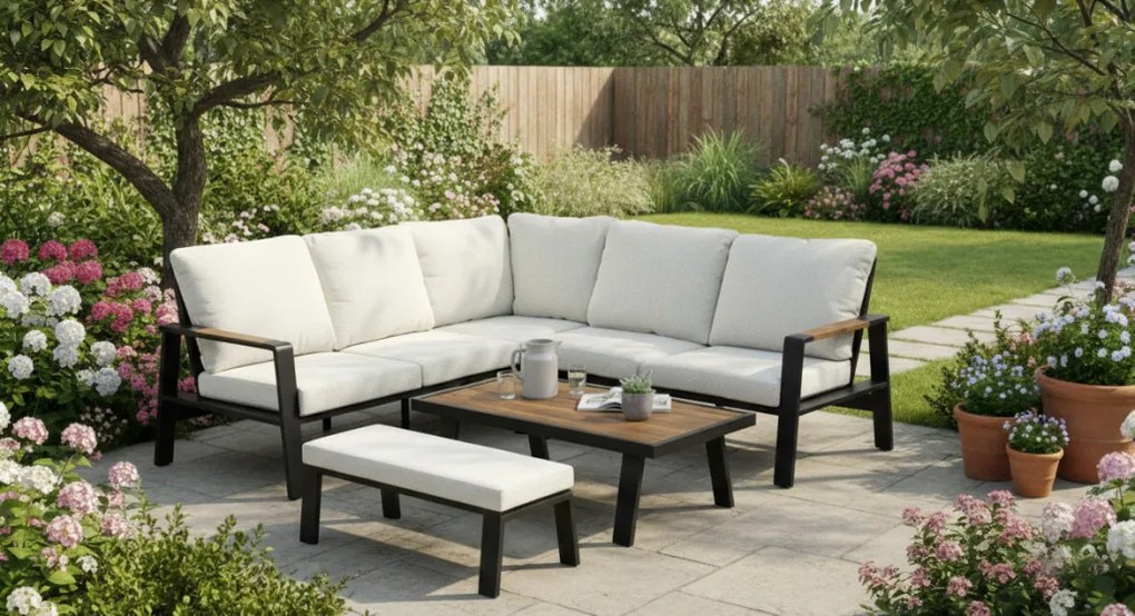 „PRISZTINA” ALUMÍNIUM BÚTORGARNITÚRA (SAROKKANAPÉ + PAD + ASZTAL) FEKETE + BÉZS PÁRNÁKKAL