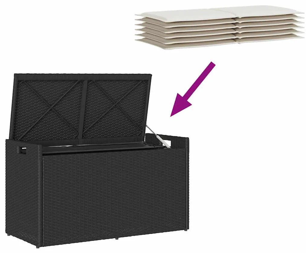 fekete polyrattan kültéri tárolópad párnával 100 cm
