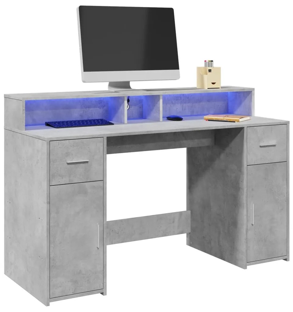 betonszürke szerelt fa íróasztal LED-világítással 140x55x91 cm