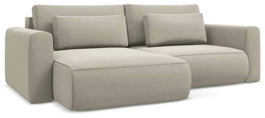 Bézs bársony kinyitható-tárolóhelyes sarokkanapé (bal oldali-heverő résszel) Kapua – Makamii