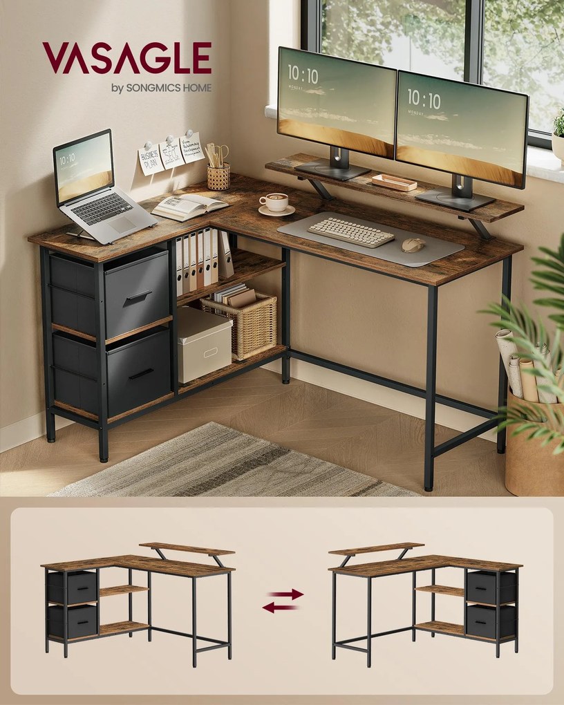 L-alakú íróasztal 2 tágas fiókkal,  állítható tárolópolccal, rusztikus barna