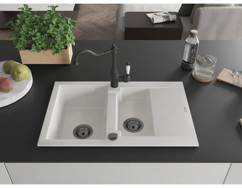 Mexen Gaspar, gránit mosogató 752x436x161 mm, 1,5 kamrás és mosogató csaptelep Carla, fehér, 6507-20-670700-70