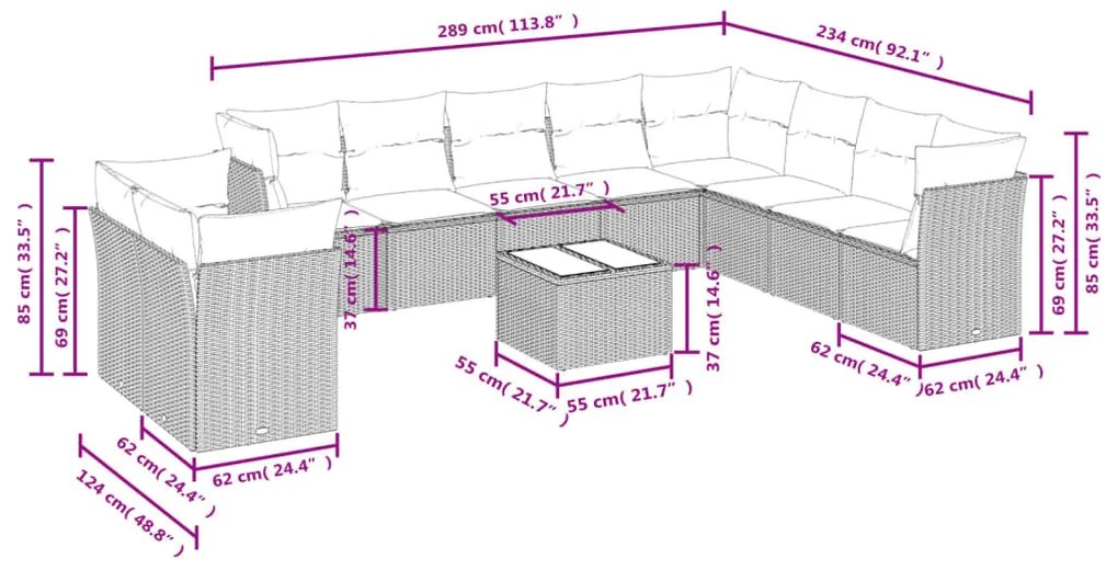 11 részes szürke polyrattan kerti ülőgarnitúra párnákkal