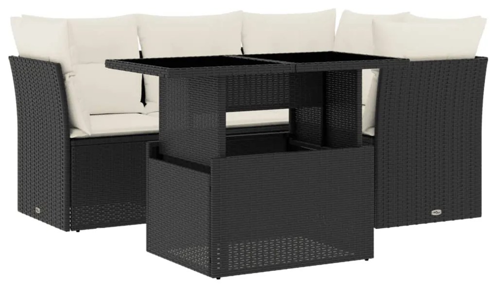 5 részes fekete polyrattan kerti kanapészett párnákkal