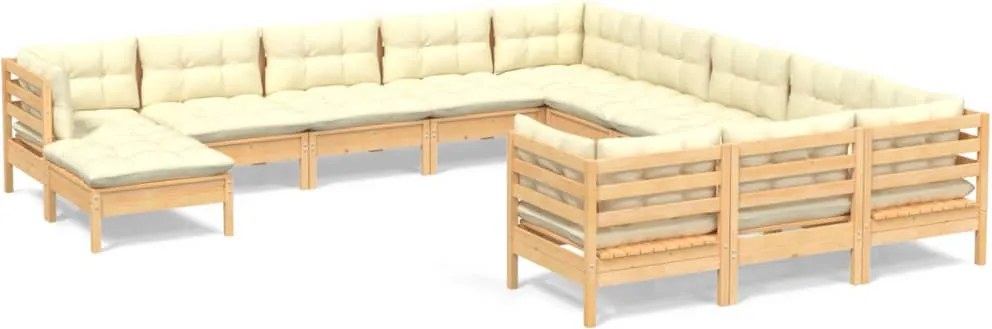vidaXL 12 részes fenyőfa kerti bútorgarnitúra krémszínű párnákkal