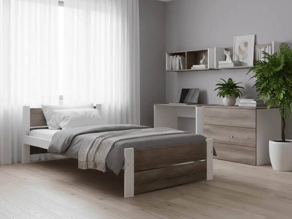 Ágy IKAROS DOUBLE 80 x 200 cm, fehér/trüffel tölgy Ágyrács: Léces ágyrács, Matrac: Deluxe 10 cm matrac