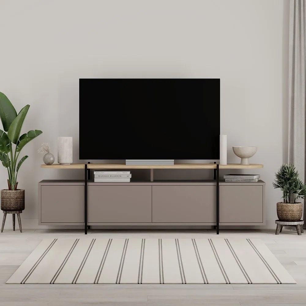 Szürke-bézs TV-állvány tölgyfa dekorral 160x48 cm Hinoa – Marckeric