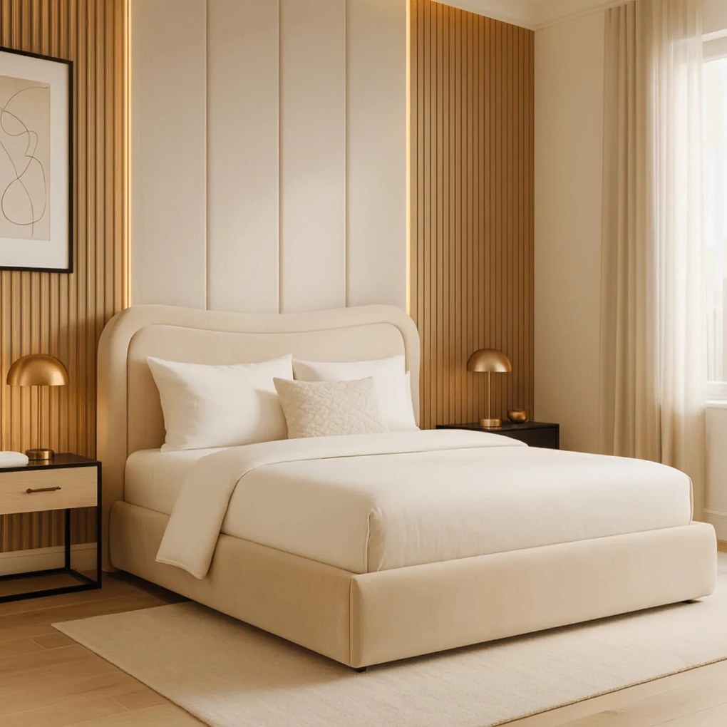 Bézs Bársony Franciaágy Ágyneműtartóval. 160x200 HAGA