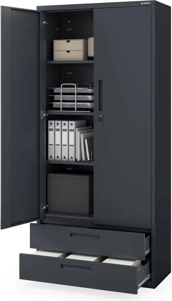 Moduláris többfunkciós fém szekrény két fiókkal antracit MEGAN 1950 x 900 x 400 mm