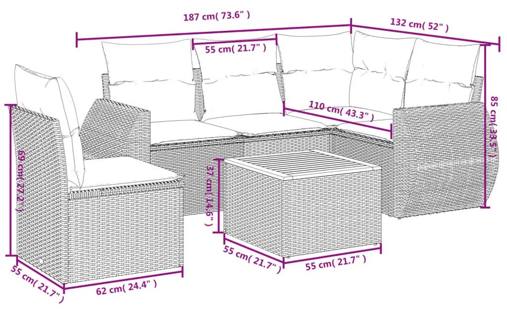 6 részes fekete polyrattan kerti ülőgarnitúra párnákkal