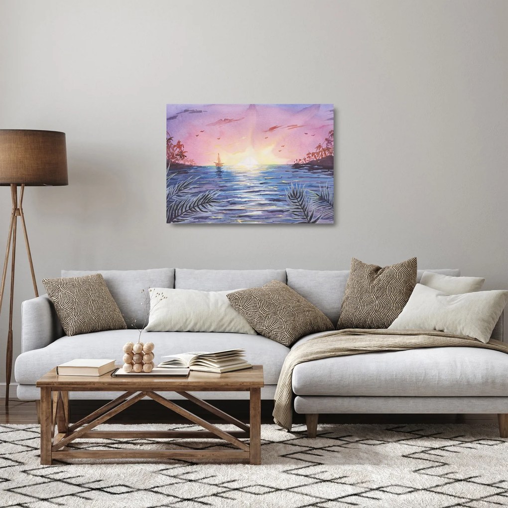 Kép - naplemente a víz felett, akvarell (üvegen) (70x50 cm)