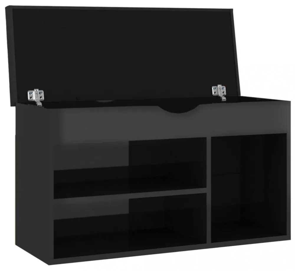 magasfényű fekete cipőtároló pad párnával 80 x 30 x 47 cm