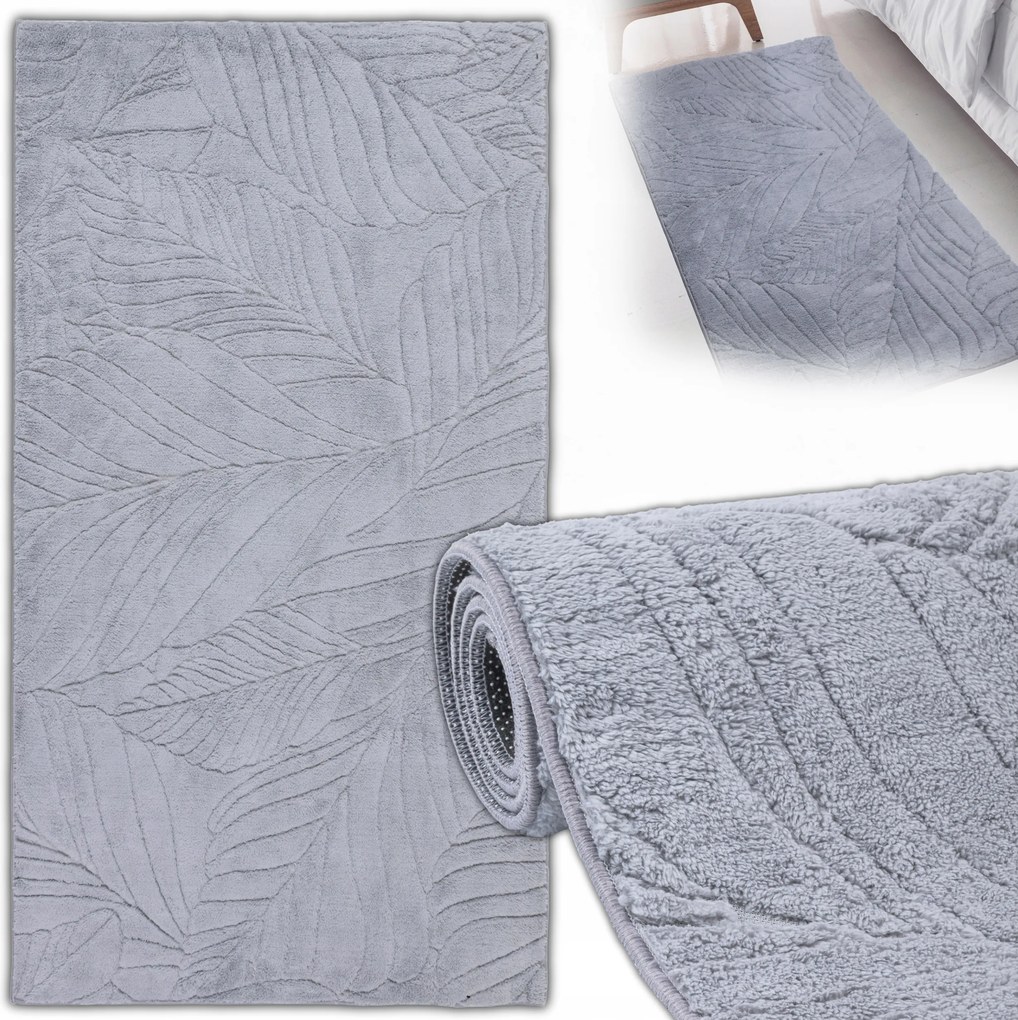 Szürke Szőnyeg Nappaliba Plüss Csúszásgátló Puha 80x150cm Levelek