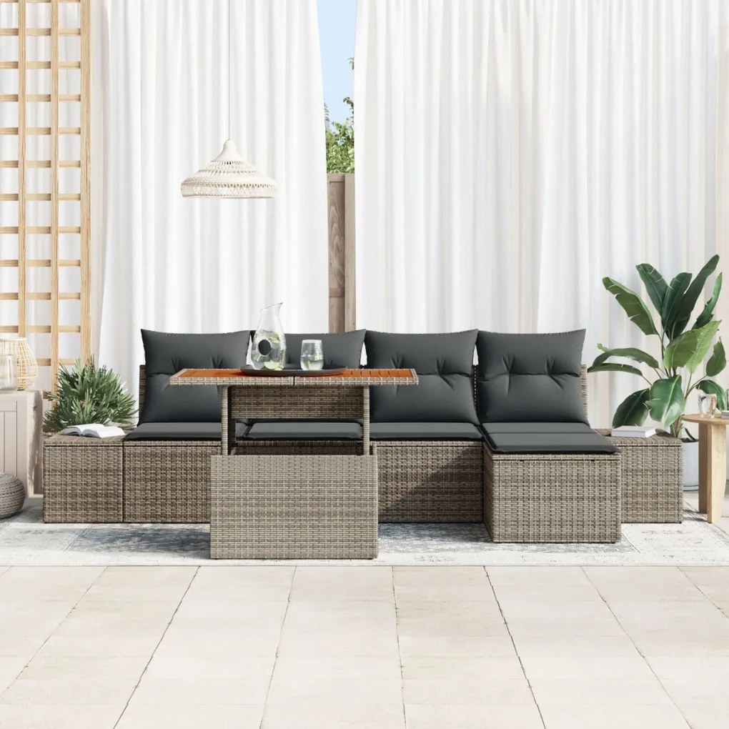 6 darabos kert étkező szett párnákkal szürke poly rattan akác