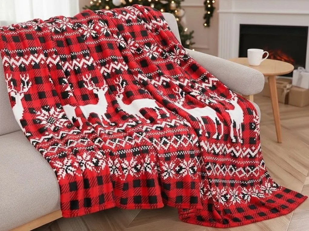 Karácsonyi mikroplüss sherpa pléd NORDIC DEERS, piros Méret: 160 x 200 cm