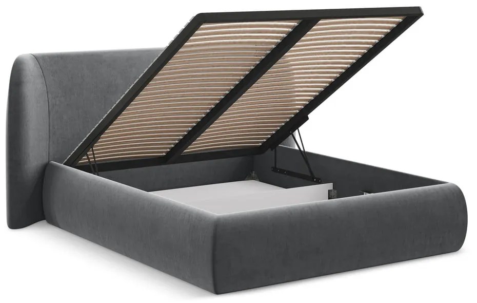 Sötétszürke kárpitozott ágyneműtartós franciaágy ágyráccsal 140x200 cm Hauke – Makamii