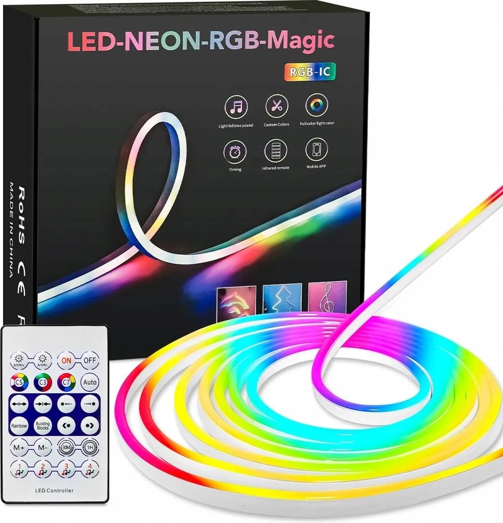 Rgb Led szalag Neon Flex 5M Távirányító App vezérlés Többszínű