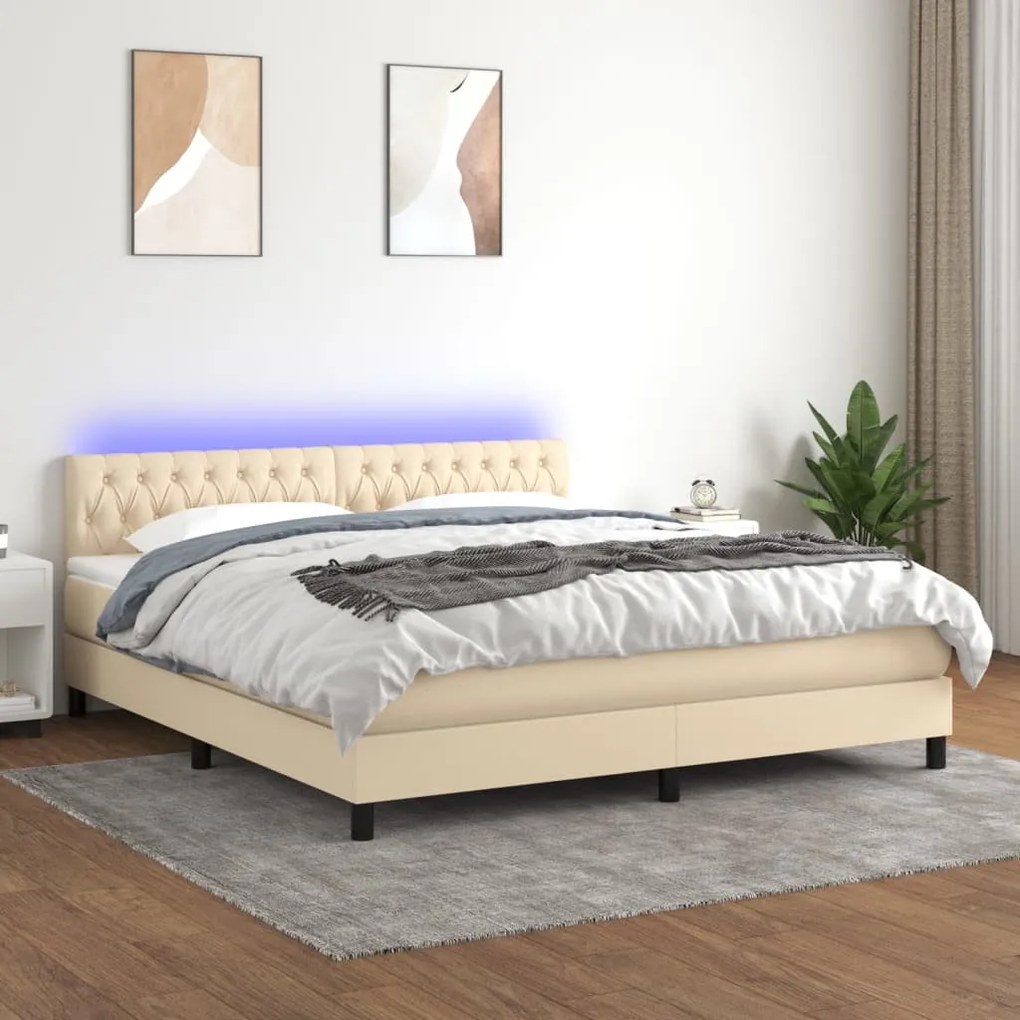 krémszínű szövet rugós és LED-es ágy matraccal 180 x 200 cm
