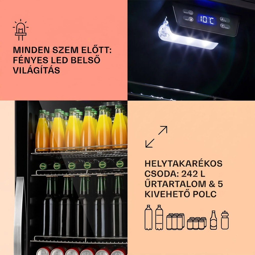 Klarstein Beersafe 7XL, hűtőszekrény, 242 liter, 5 polc, panoráma üvegajtó, rozsdamentes acél