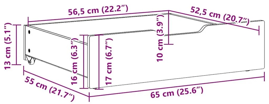 2 db fehér tömör fenyőfa ágy alatti fiók 65 x 55 x 16 cm