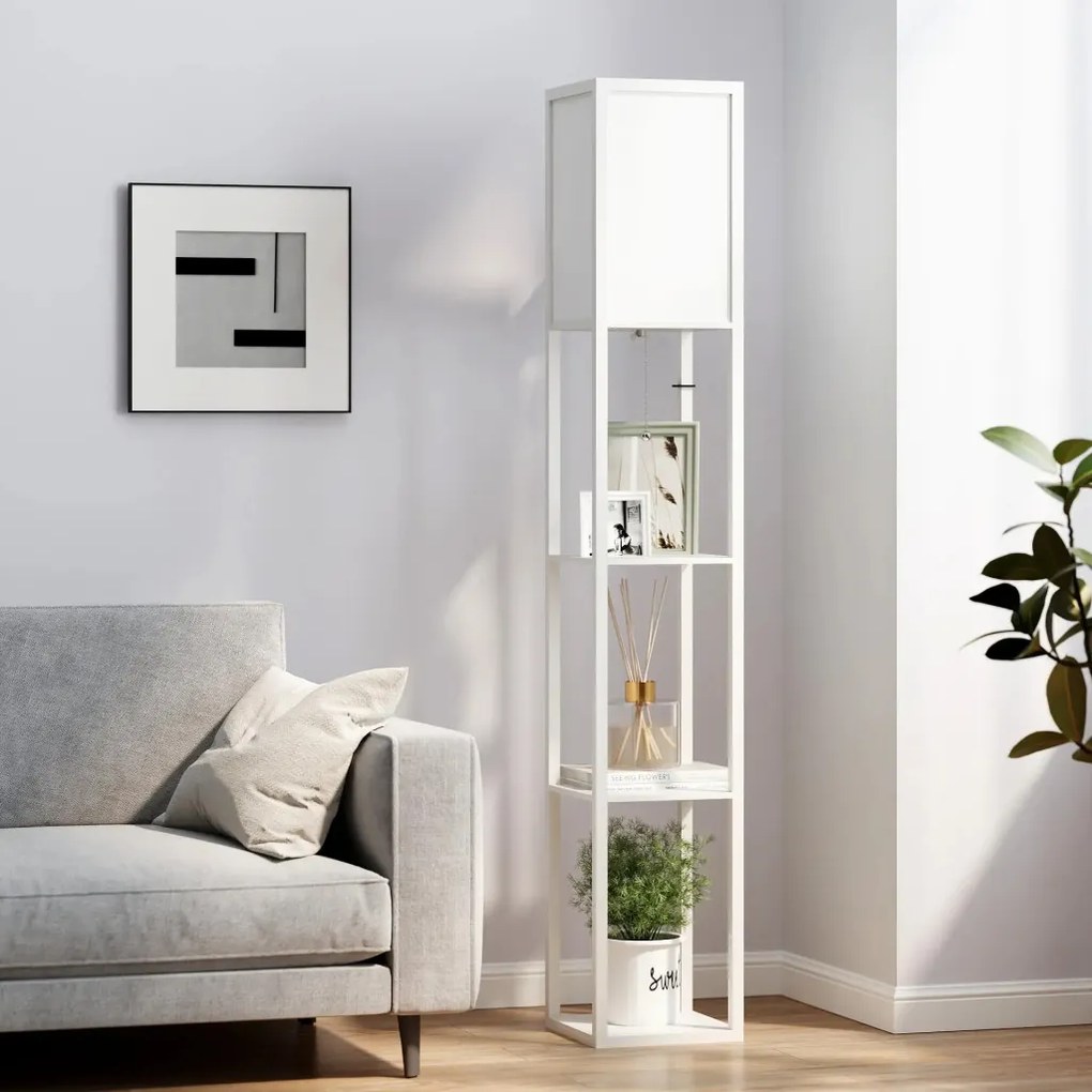 HOMCOM Állólámpa polcokkal, fa állólámpa, 26 x 26 x 160 cm, fehér