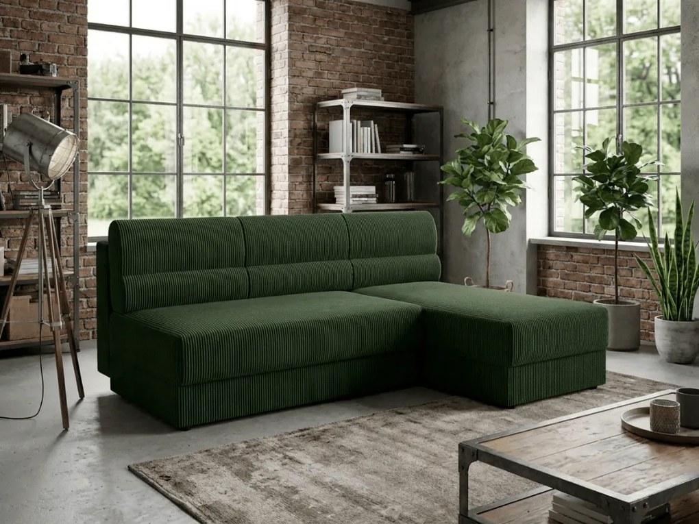 Kihúzható, kétoldalas L-alakú ülőgarnitúra TAVERO 201x140 cm, sötétzöld