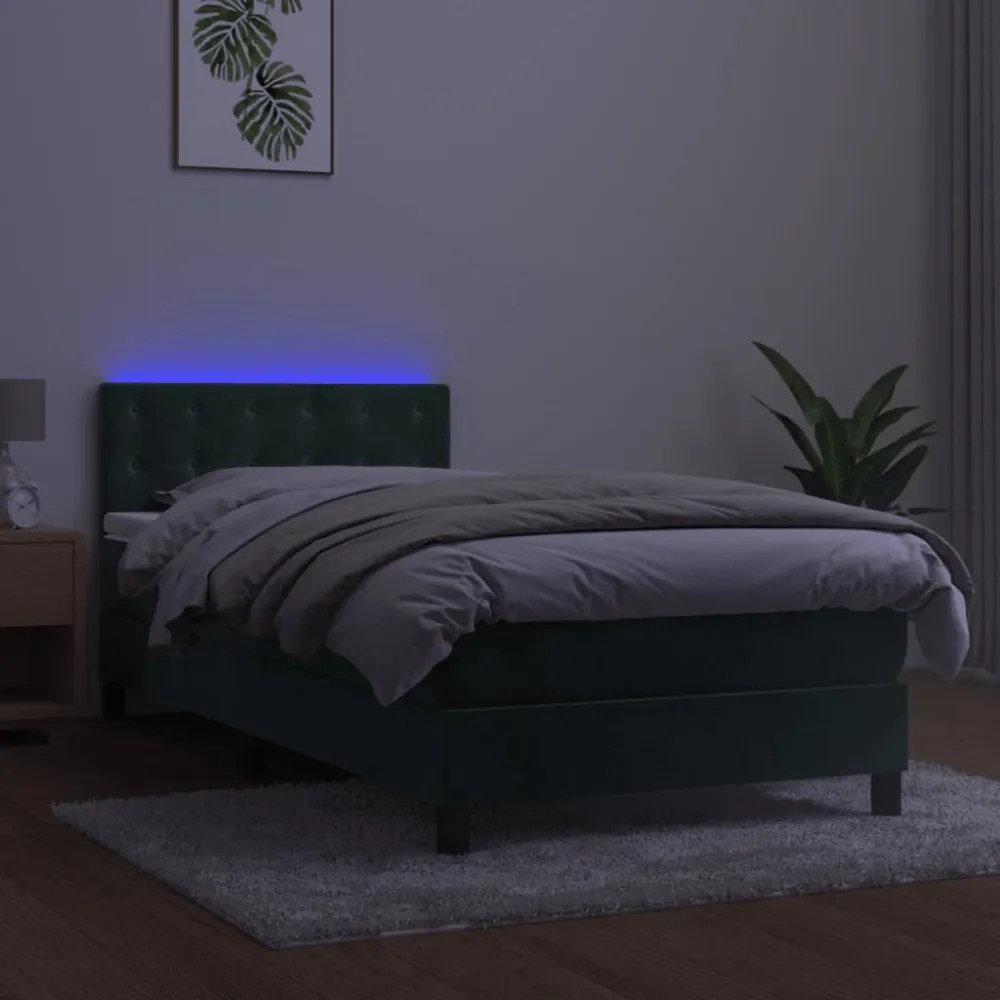sötétzöld bársony rugós és LED-es ágy matraccal 90x190 cm