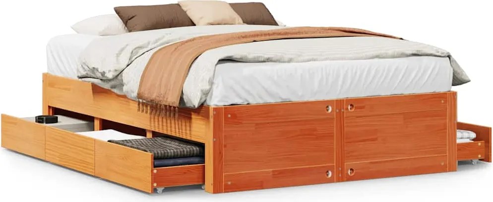vidaXL barna tömör fenyőfa fiókos ágykeret matrac nélkül 150 x 200 cm