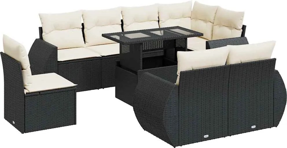 vidaXL 9 részes fekete polyrattan kerti ülőgarnitúra párnákkal