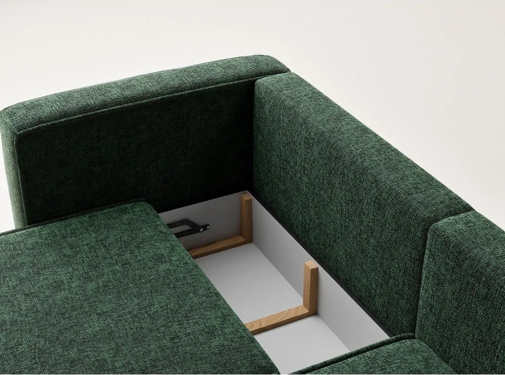Sötétzöld zsenília kinyitható-tárolóhelyes sarokkanapé (jobb oldali-heverő résszel) Velto – Maison de Rêve