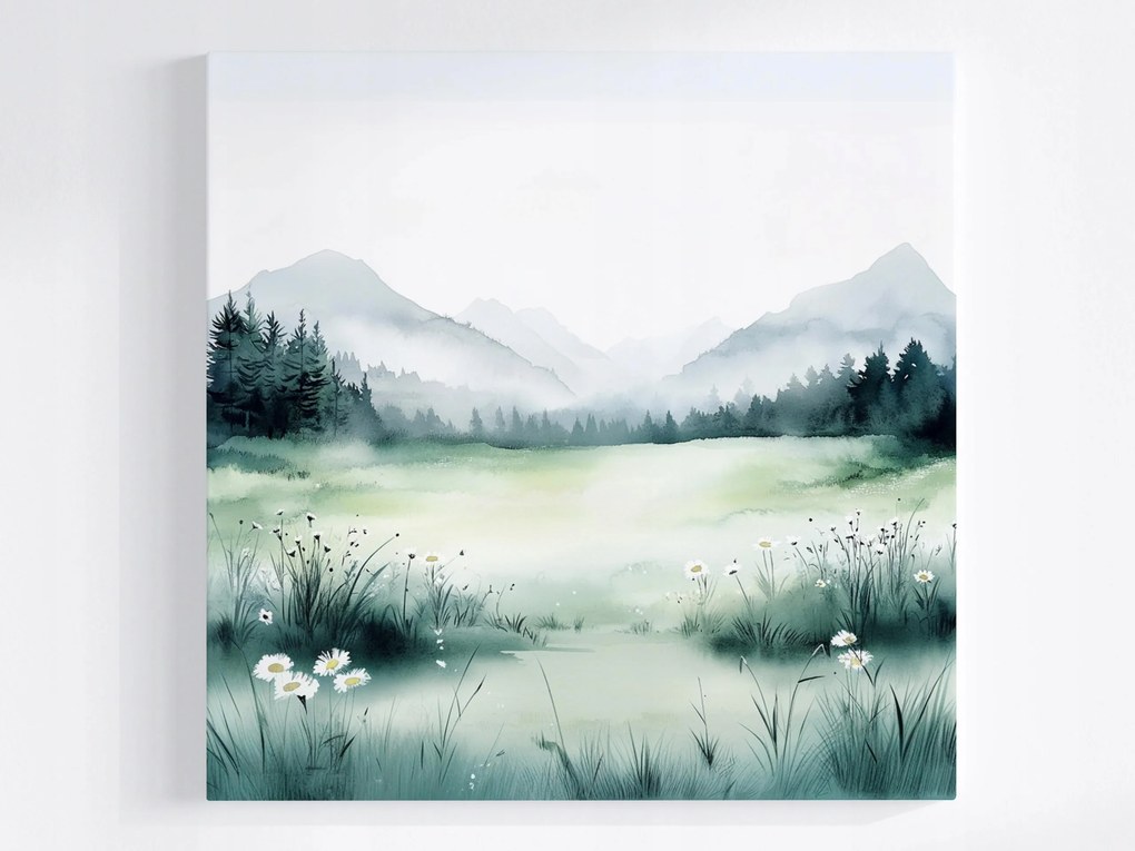 Vászonkép Canvas Akvarell Tájkép Hegyek Rét Virágok Tavasz Köd 40x40