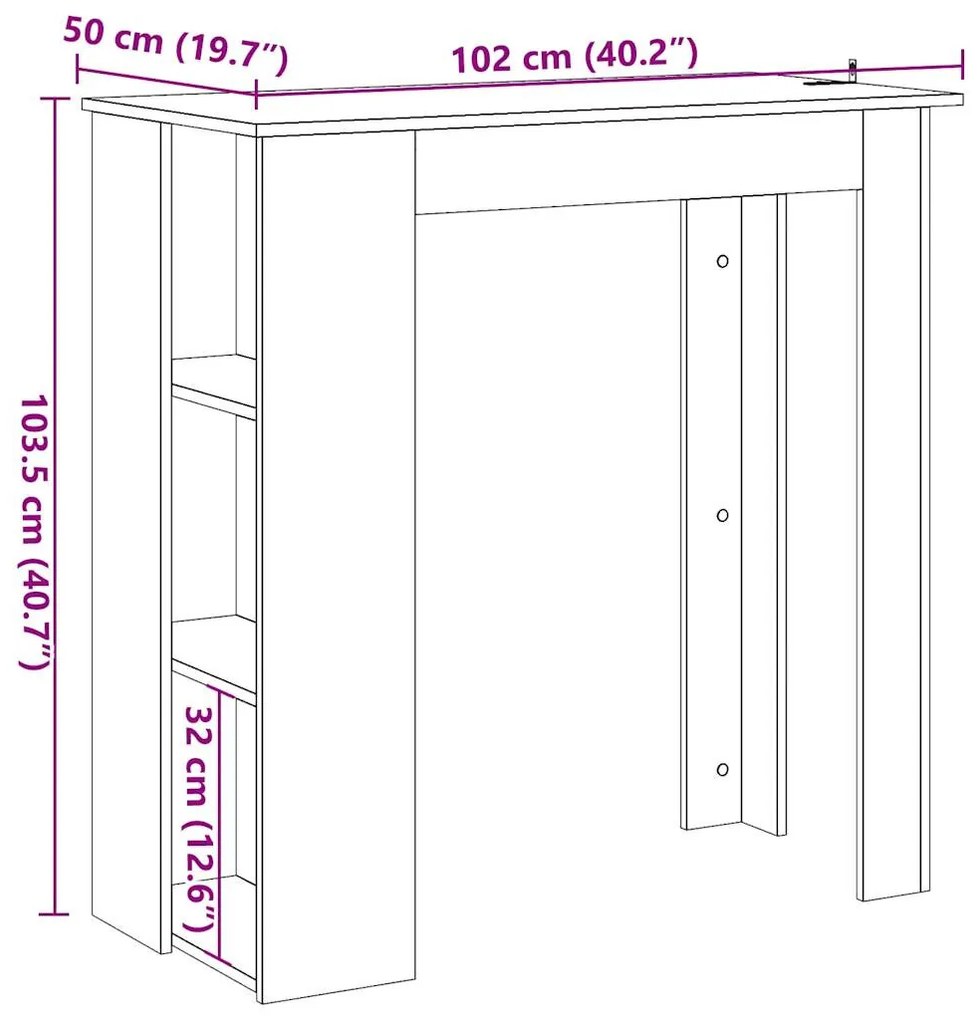 kézműves tölgy szerelt fa bárasztal polccal 102x50x103,5 cm