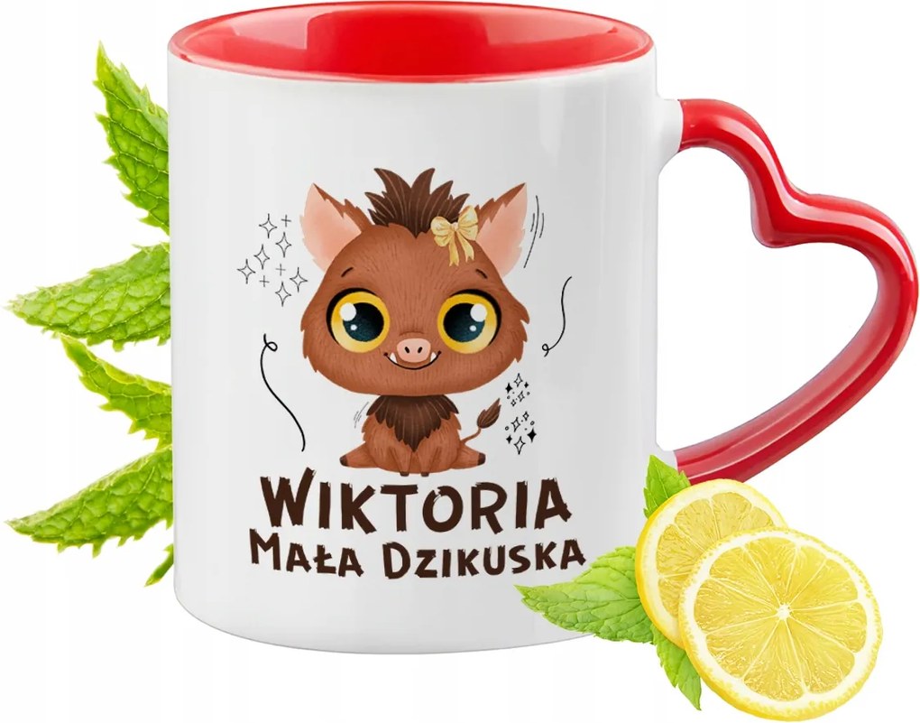 Piros bögre szív alakú füllel Viktória ajándék