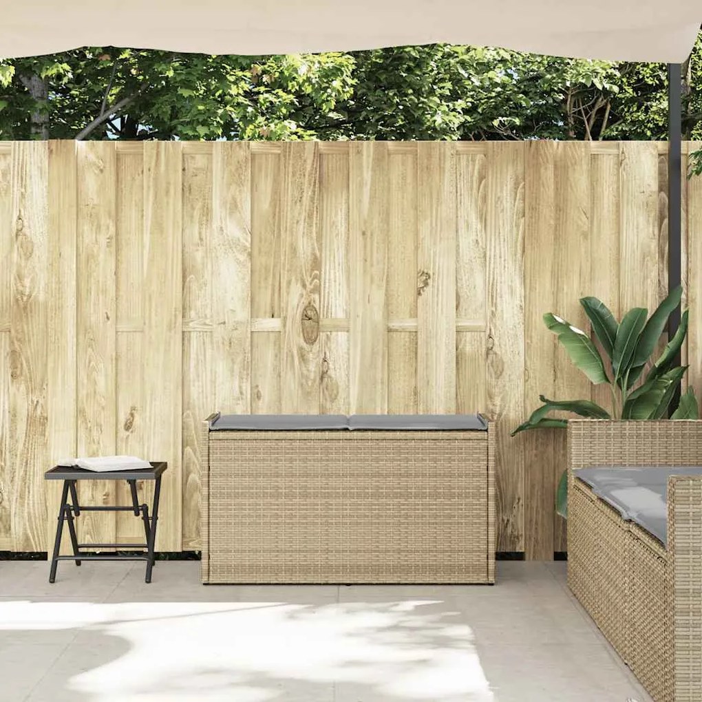 Bézs polyrattan kültéri tárolópad párnával 100 cm