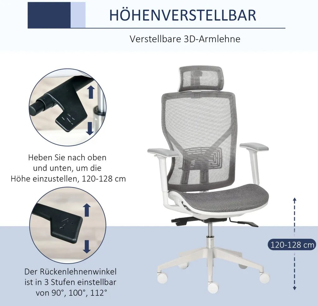 Vinsetto Ergonomikus irodai szék, derékpárna, 3D kartámaszok, ergonomikus, hálós szövet, szürke.