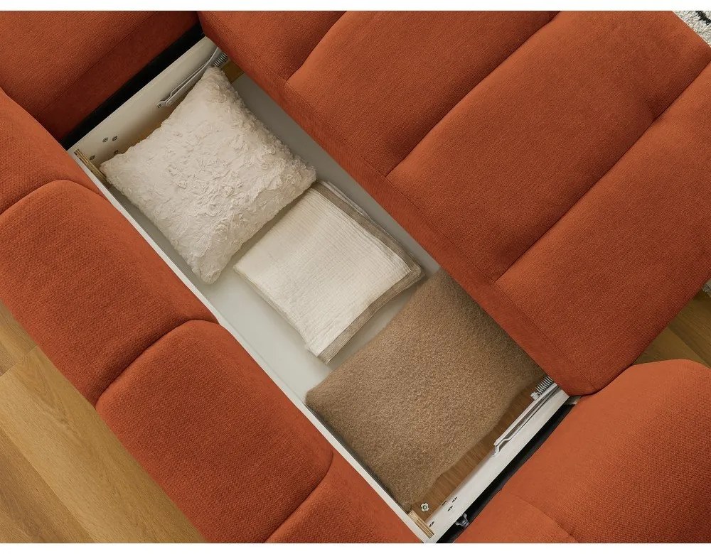 Téglavörös kinyitható-tárolóhelyes sarokkanapé (jobb oldali-heverő résszel) Fuji – Bobochic Paris