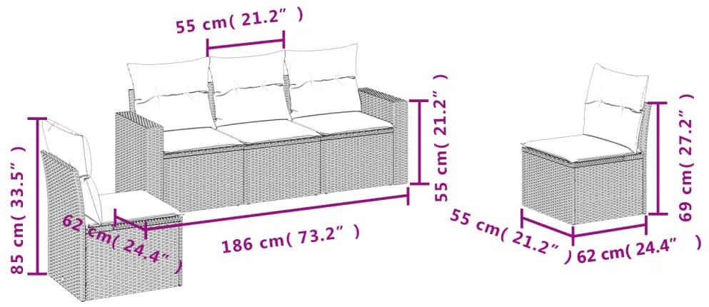 5 részes szürke polyrattan kerti ülőgarnitúra párnákkal