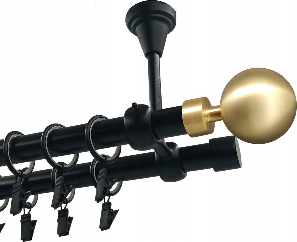 Dupla függönykarnis, Fém, mennyezeti, 19+19 mm, Matt Fekete, 360 cm, Kula Modern Gold (gömb Modern Arany)