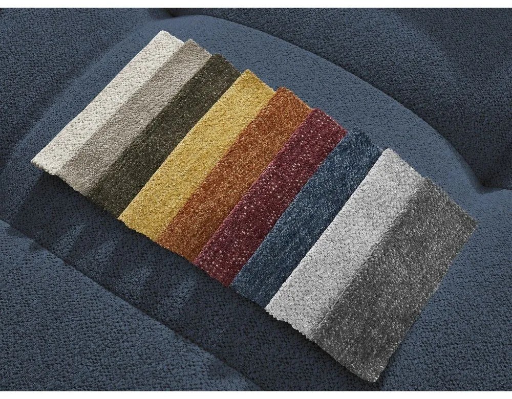 Kék zsenília kinyitható-tárolóhelyes sarokkanapé (jobb oldali-heverő résszel) Roxelane – Bobochic Paris