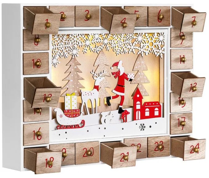SANTA CLAUS fa adventi naptár világítással, 35x6x27cm, fehér/barna Spielwerk