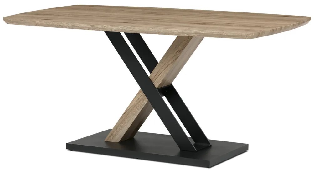 Masă de sufragerie modernă 160x90cm, MDF, stejar 3D culoare san remo, picioare metalice, lac negru