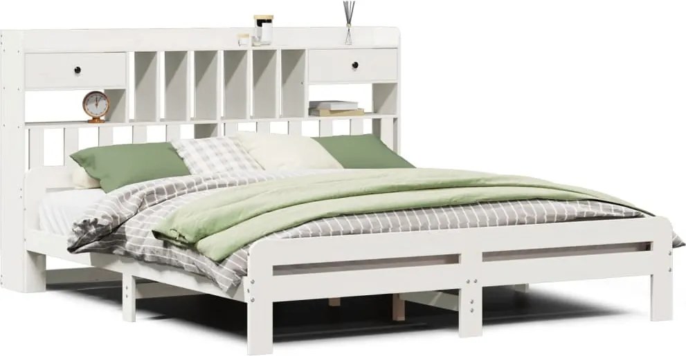 vidaXL fehér tömör fenyőfa könyvespolcos ágy matrac nélkül 180x200 cm
