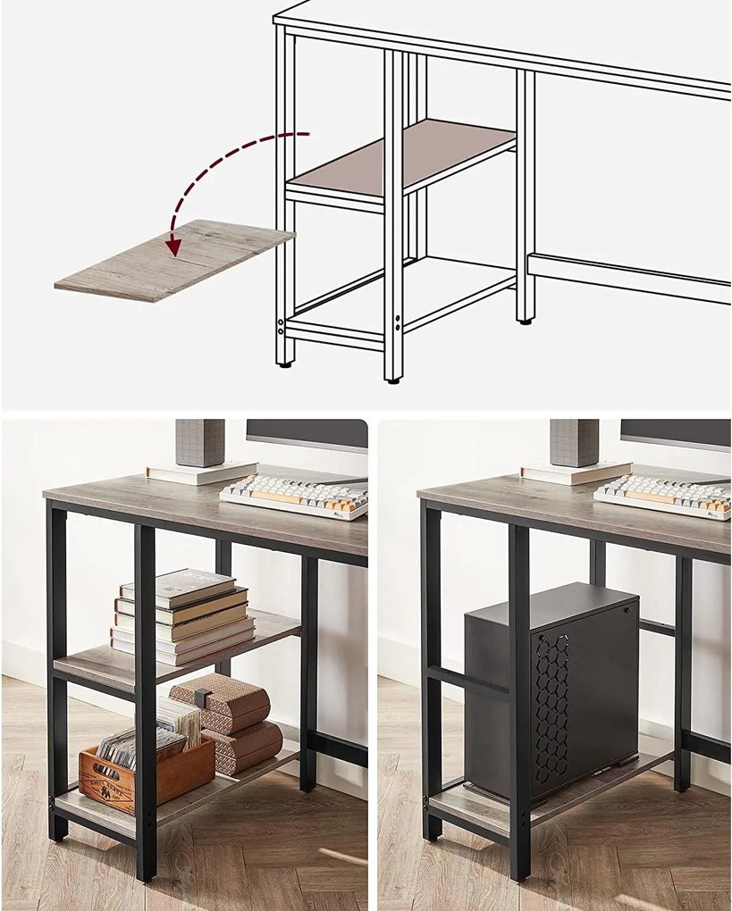 Íróasztal 120x60 cm, számítógépes asztal 2 polccal bal vagy jobb oldalon, greige