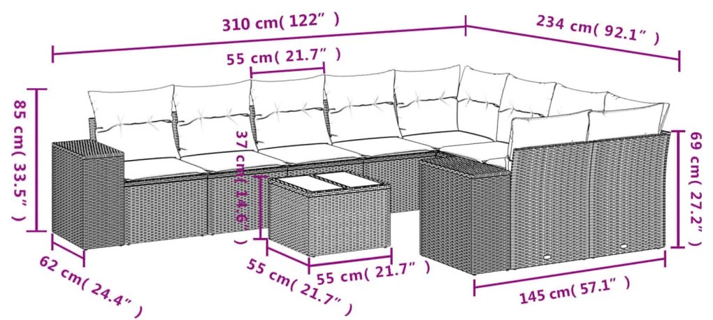 10 részes fekete polyrattan kerti ülőgarnitúra párnákkal